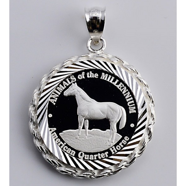 PURE SILVER AMERICAN QUARTER HORSE COIN (22mm) in STERLING SILVER ROPE PENDANT